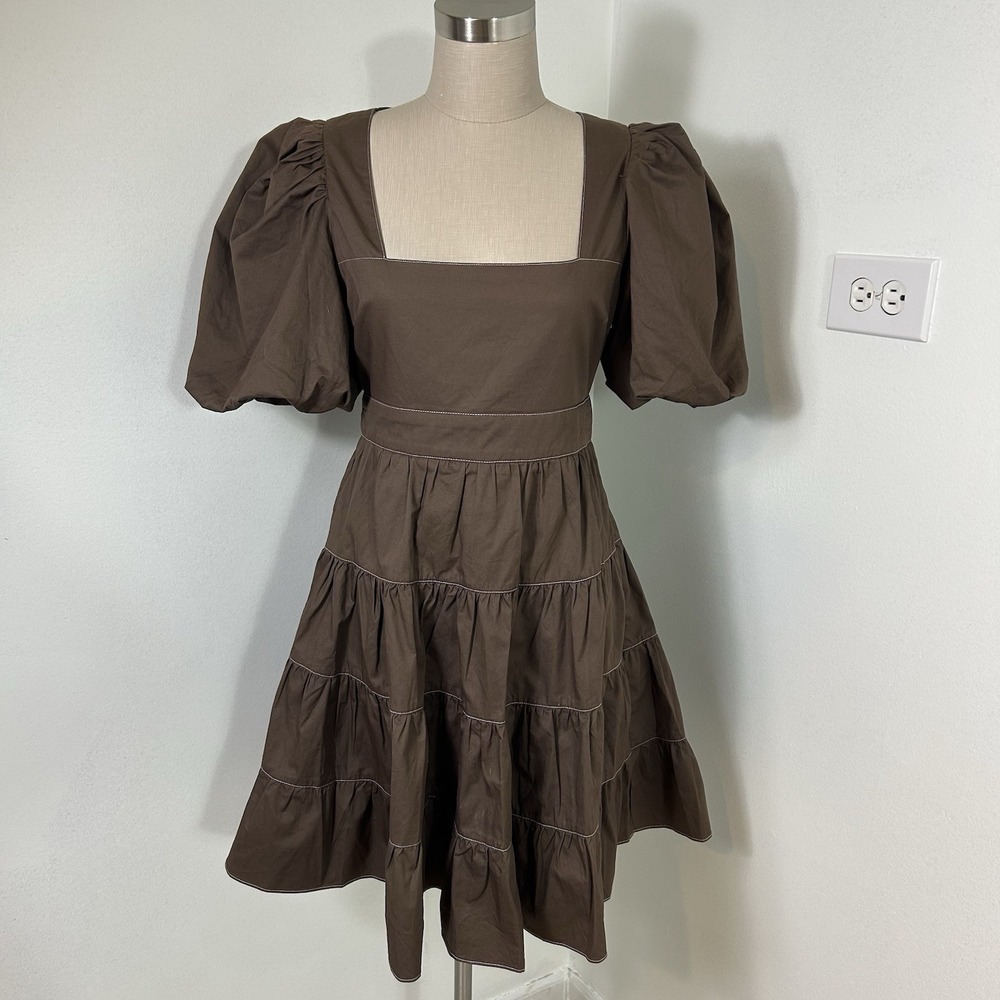 En Saison Meline Poplin Babydoll Dress Brown Puff Sleeves‎ Pockets Small NWT - Picture 4 of 15